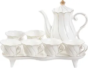 14 count  Set for 6 with  Tray & Spoons, Luxury  Style /Coffee Cup Set with Golden Trim, Beautiful Porcelain  Set for Living Room Decor,  Party Set,  Package - White