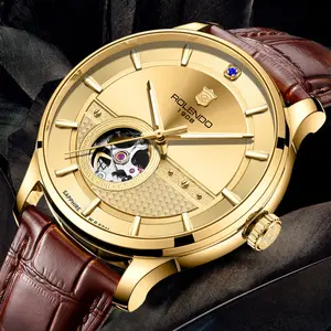 Classic All Gold Tone Semi Skeleton Automatic Watch for Men, Dual Texture Brushed & Honeycomb Gold Dial Single Window Hollow Movement Blue Sapphire Crystal Marker Polished Gold Case Genuine Brown Leather Band Minimal Elegant Formal Dress Wristwatch