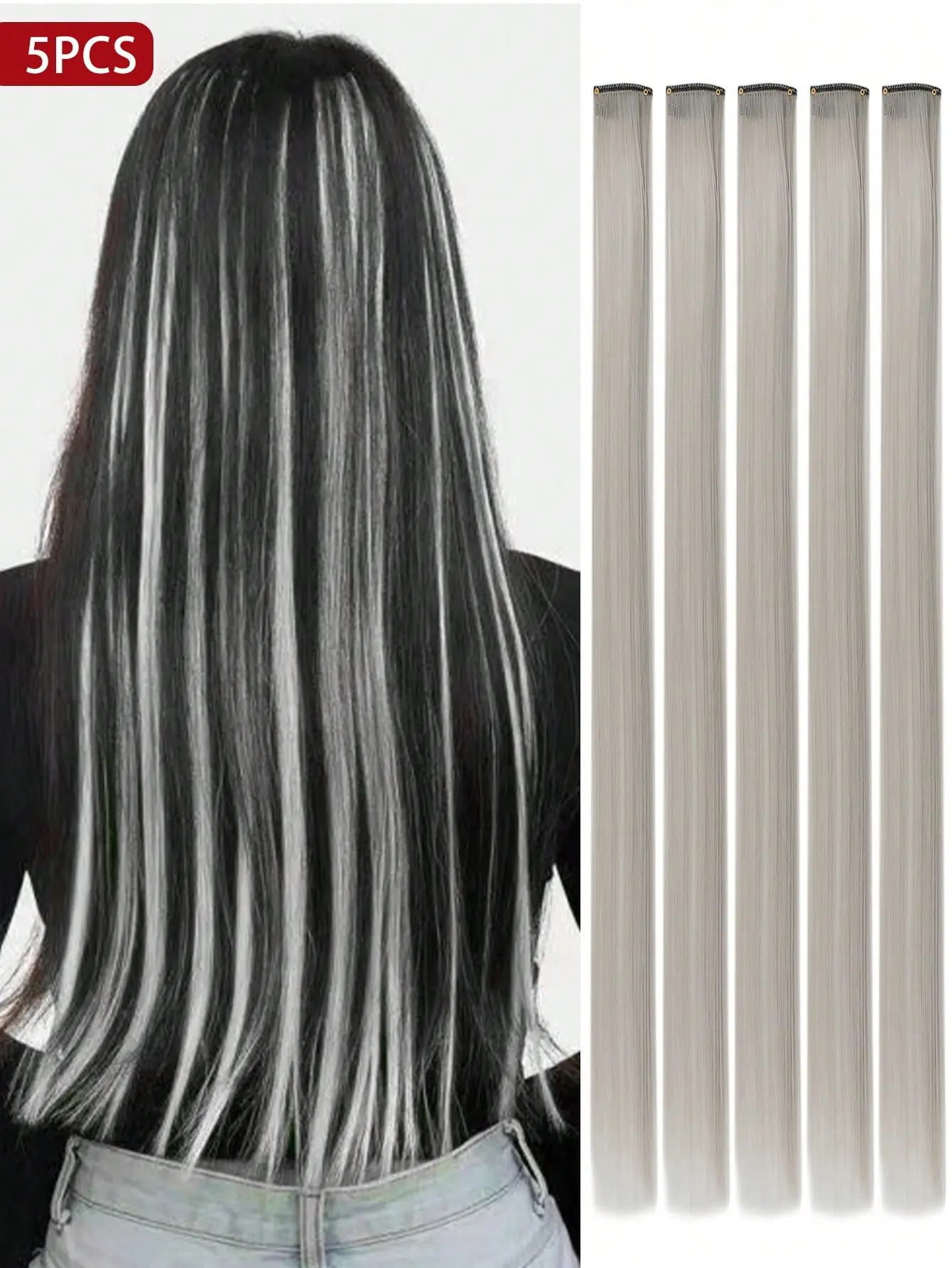 Bold Grey 5PCS Clip-In Hair Extensions – 20 Inch Straight Synthetic Hairpieces for Women, Perfect for Carnival, Music Festival & Party Styles