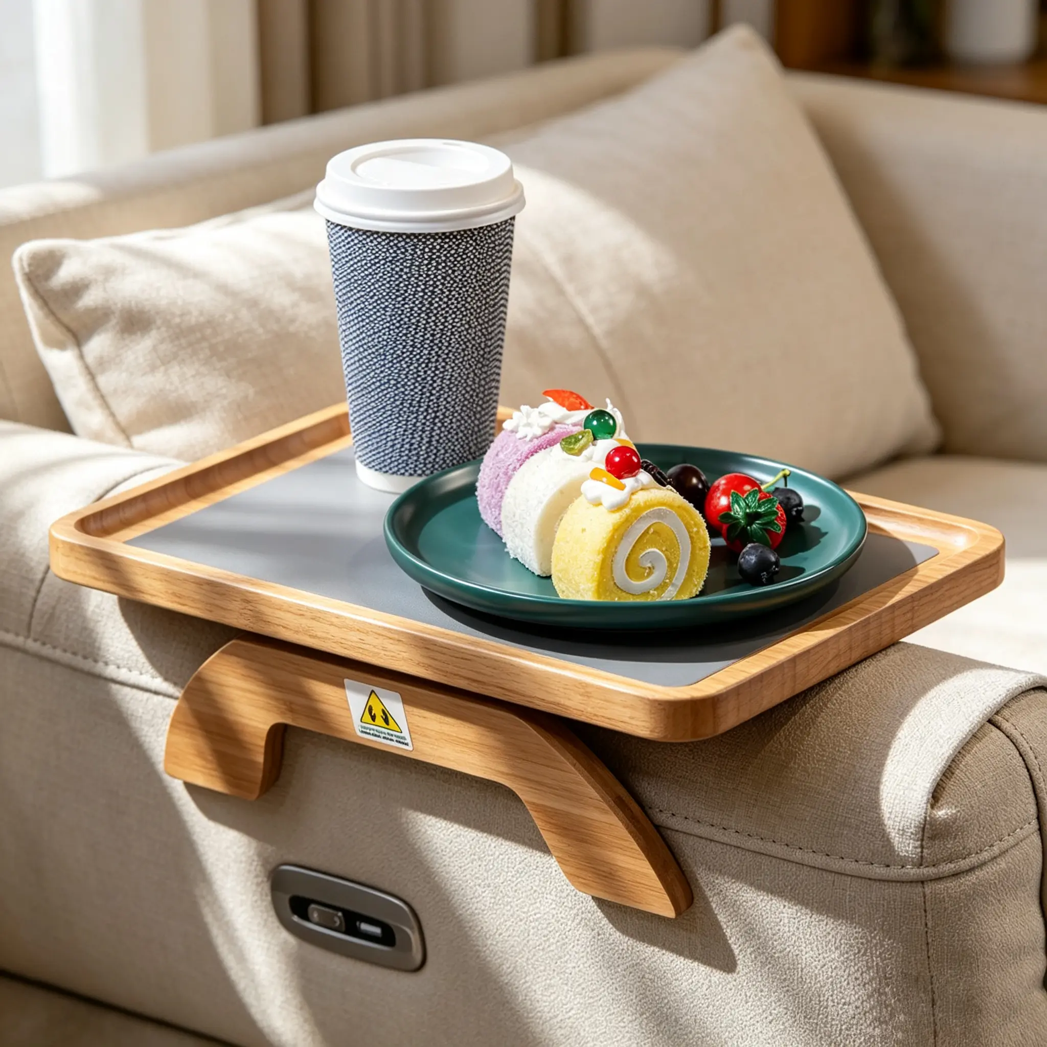 Retro Rectangular Bamboo Sofa Armrest Tray Table with Cup Holder, Coffee Spot, Organizer for Drinks, Snacks, Phone, Remote – Living Room Indoor Furniture Accessory
