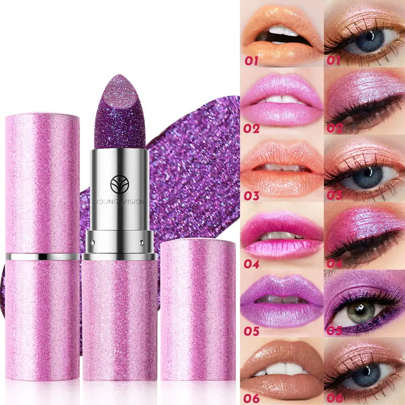 YOUNG VISION Chameleon 6-color Fine Sparkle Lipstick, Multi-purpose Facial Embossed Silk Screen Pearlescent Lipstick and Eyeshadow