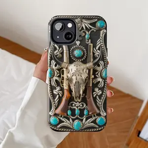 Western Phone Case 3D Silver Engraved Belt Buckle Longhorn Bull Skull iPhone Cover Turquoise Galaxy Cowboy Design for iPhone 17/16/15/14/13/12/11 Pro Max & Galaxy S25/S24/S23/S22/S21 Ultra