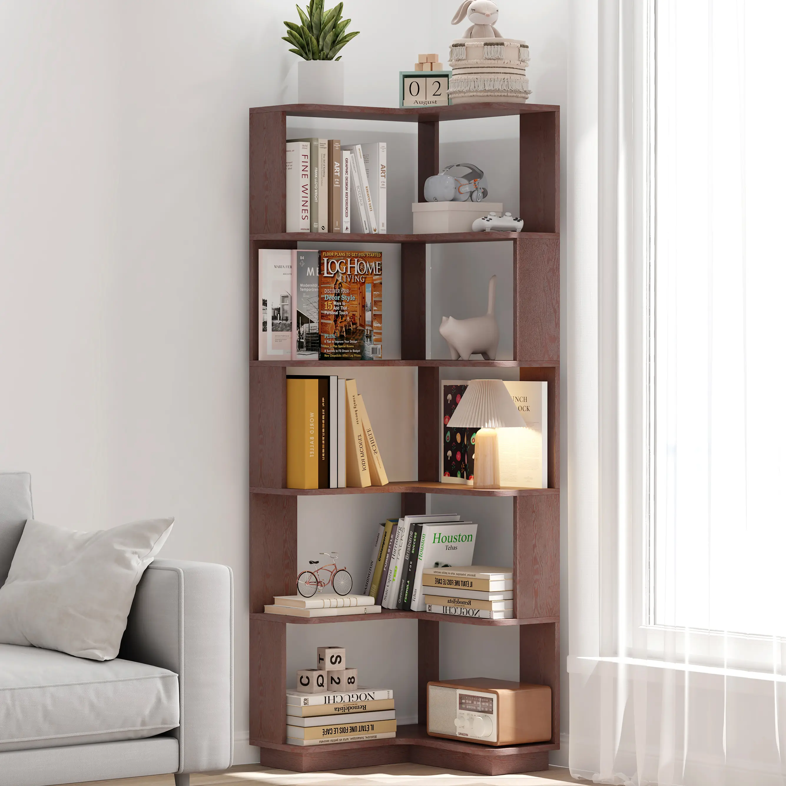 SAVEYOUR 6-Tier L-Shaped Corner Shelf - Dark Red Freestanding Particle Board Organizer, Anti-Tip Safe, Durable Space-Saving Open Storage, Assembly Required, for Living Room, Office (21.65"L x 21.65"W x 64.57"H), Collectibles, Small Room Ideas