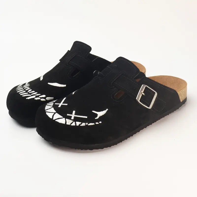 Demon Smile Men's slip-on Leather Cork Shoes Mules Adjustable, Comfortable Soft Sole, Casual Footwear for Daily Wear, Casual Embroidered Clogs