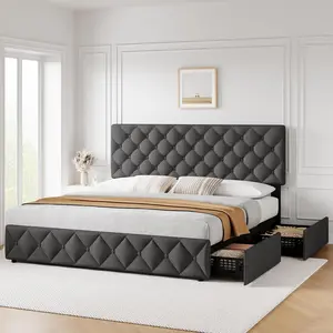 King Size Bed Frame with 4 Storage Drawers and Adjustable Headboard,Faux Leather Upholstered Platform Beds,Diamond Stitched Button Tufted,No Box Spring Needed,Dark Grey