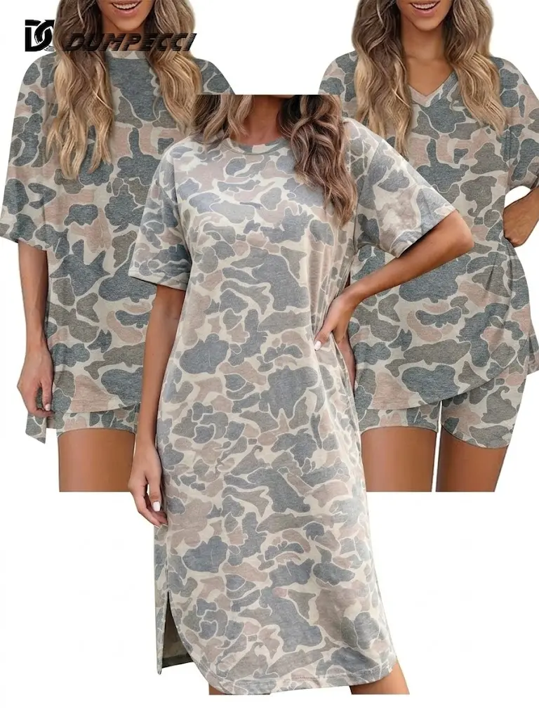 Womens Multicolor Camouflage Print Casual Lounge Collection Oversized Split Hem Shirt & Biker Shorts Set / Side Slit Dress Soft Milk Silk Summer Gift