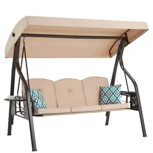 3-Seat Outdoor Canopy Porch Swing with Stand, 2-in-1 Convertible Patio Swing Bed, Heavy Duty Steel Frame, Includes 2 Pillows & Cup Holder