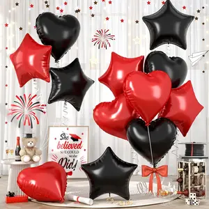 Red and Black Love Balloon Set, including 12 black and red 45.72cm heart-shaped balloons and foil star balloons, suitable for decorating bridal parties, birthday parties, wedding anniversaries, retirement parties, and class graduation ceremonies
