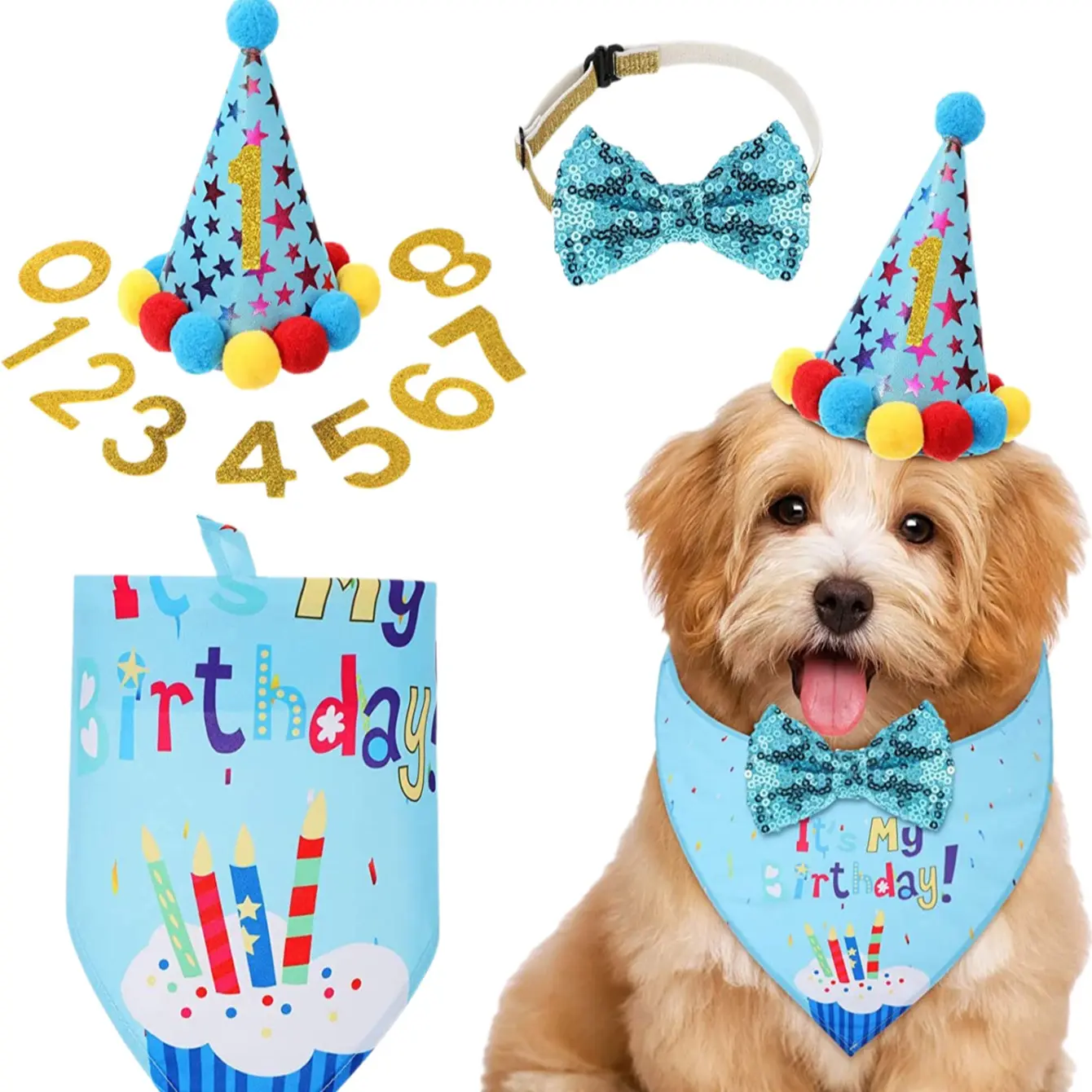 Pet birthday party hat, dog wet towel, bow tie, birthday flag, pet scarf, triangle scarf set, Outfits, Costume, Puppy Costume