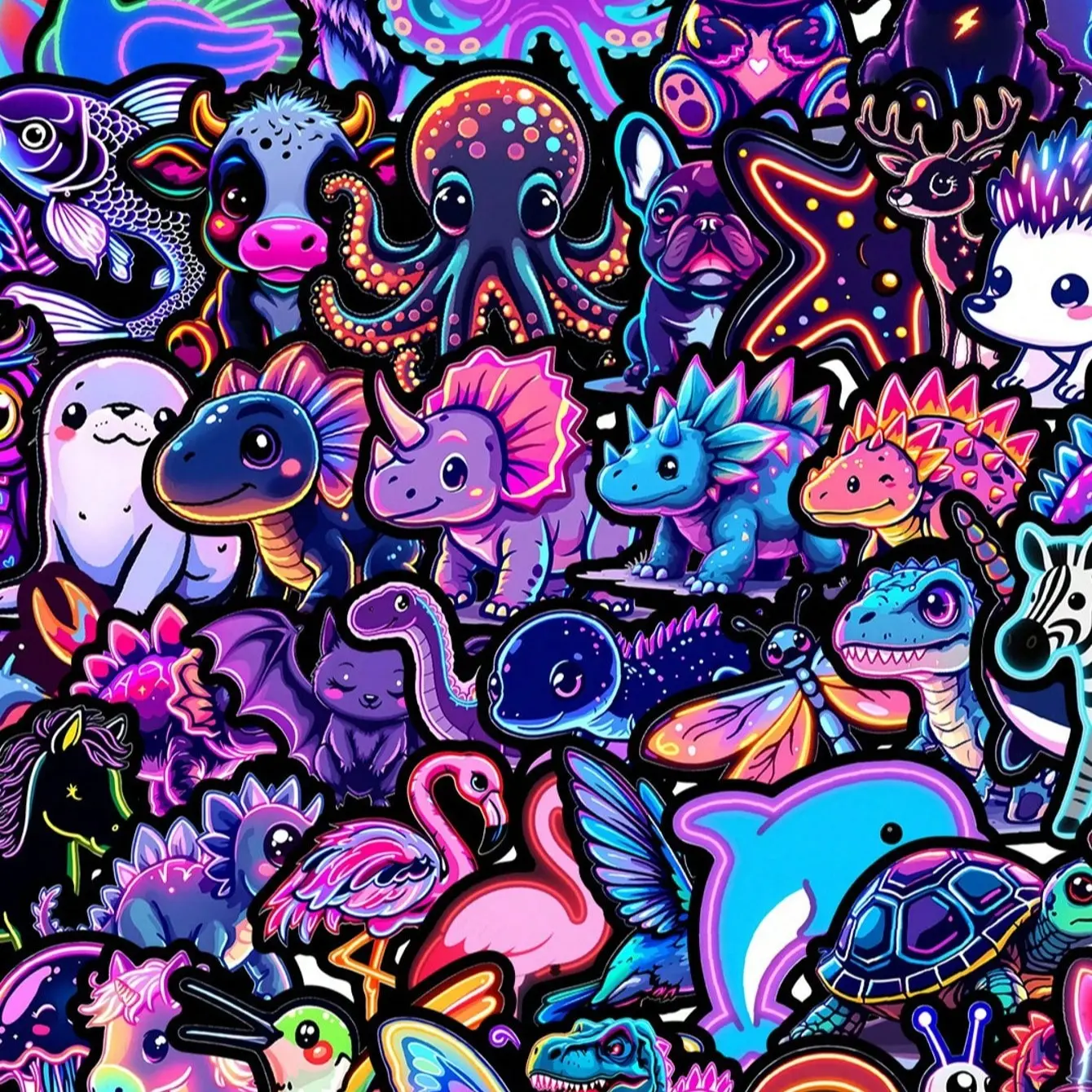 50pcs Neon Animal Stickers, Waterproof Vinyl, Colorful Cartoon Graffiti, Ideal for Water Bottles, Laptops, Phones, Skateboards, Bicycles, Luggage, Guitars, Cellphone