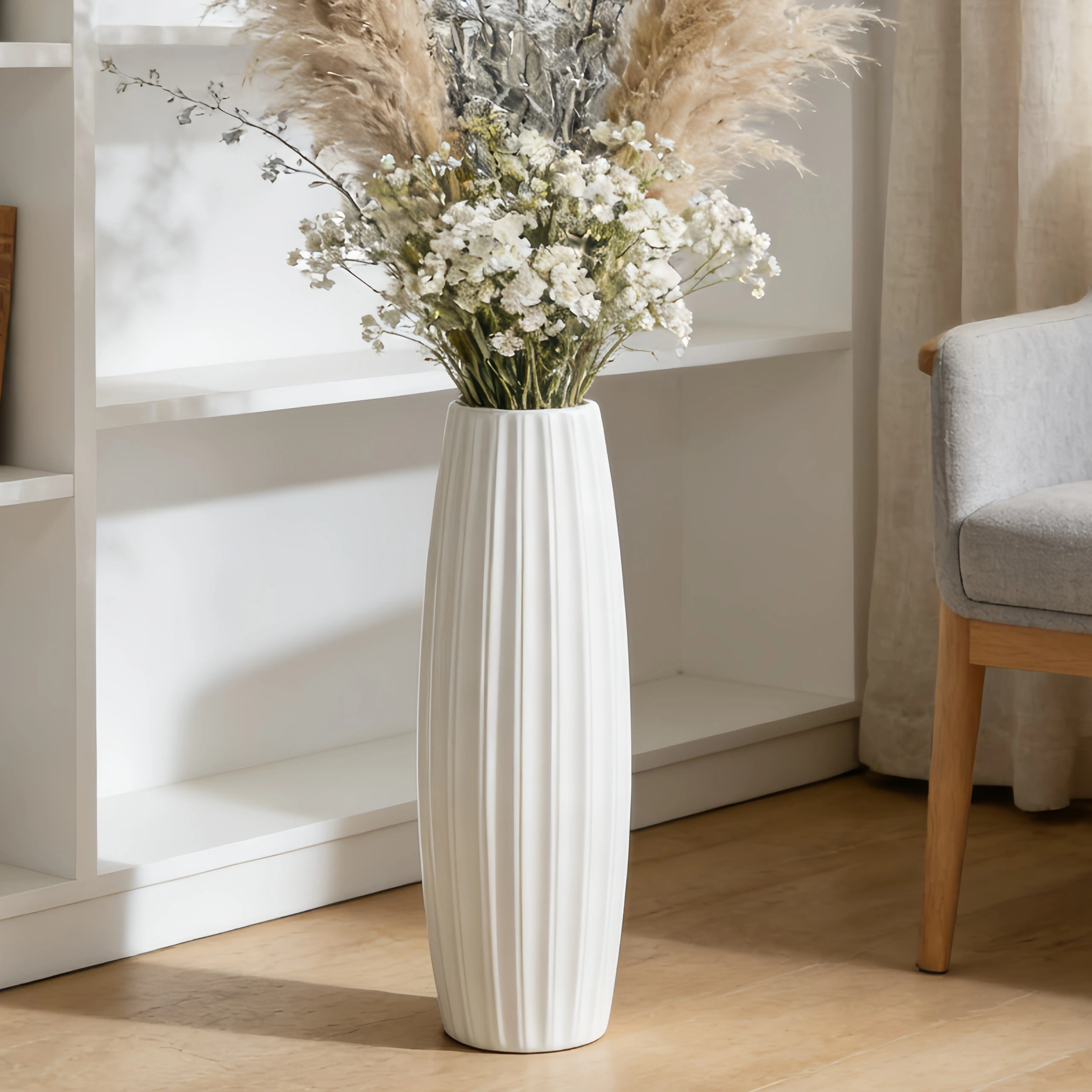 Stylish White Floor Vase | Luxury Ceramic Home Decor | Perfect for Living Rooms & Offices | 2 Sizes (40cm, 60cm)