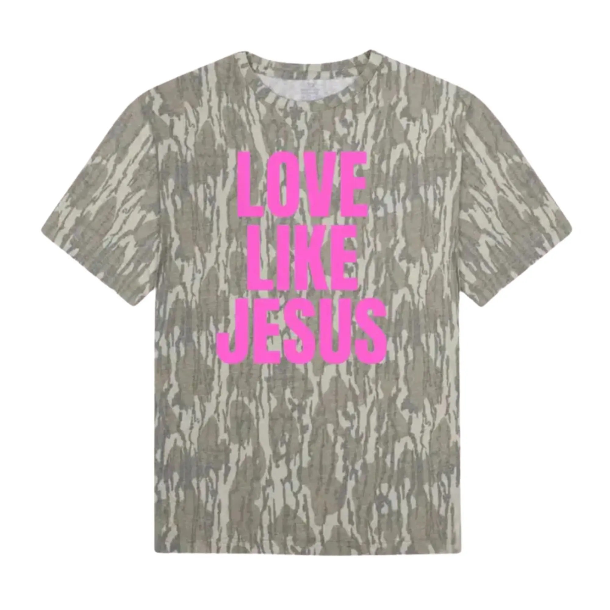 Women's Short-Sleeve Camouflage Top - Christian "Love Like Jesus" Graphic Tee, Pink Bottomland Mossy Oak-Style Unisex Soft Breathable Polyester Spandex Casual Vintage Streetwear Gift For Her, Tops, Shortsleeve, Fabric