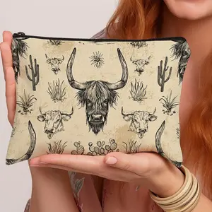 1pc Vintage Longhorn Western Print Cosmetic Bag - Rustic Cowboy Cattle Sketch Lightweight Travel Makeup Organizer, Toiletry Pouch with Zipper Closure, Handheld Cosmetic Pouch, Storage Solution, Perfect Gift for Women and Girls