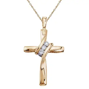 Three Stone Real Diamond Cross Pendant 10K Yellow Gold Necklace 19mm tall