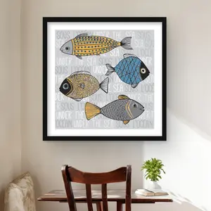212 MAIN Framed Matted Fish Illustration Wall Art Print - 24x24 in, Sturdy Frame, Vibrant Cartoon Design, Ocean Inspired Design, Kids Room Decoration, Ideal Home Decor Gift