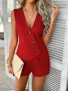 Summer Sleeveless Vneck Crop Top Set, Plain Fitted Design, Casual Style, Irregular Waistline, Slimming Effect, Perfect for Daily Wear, Womenswear