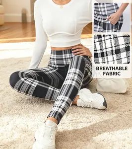 High Waisted Plaid Leggings with Pockets Breathable Stretchy Pants for Women