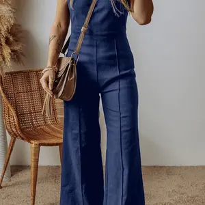 Seamed Zipper Spaghetti Strap High Waist Flared Jumsuit