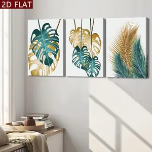 2D flat painting, 2D flat painting, 3-piece set of wooden framed canvas paintings |   Tropical palm and monstera leaves, dreamy decoration, modern art, perfect gift for friends and family, home, room wall art, office, living room, bedroom wall decoration