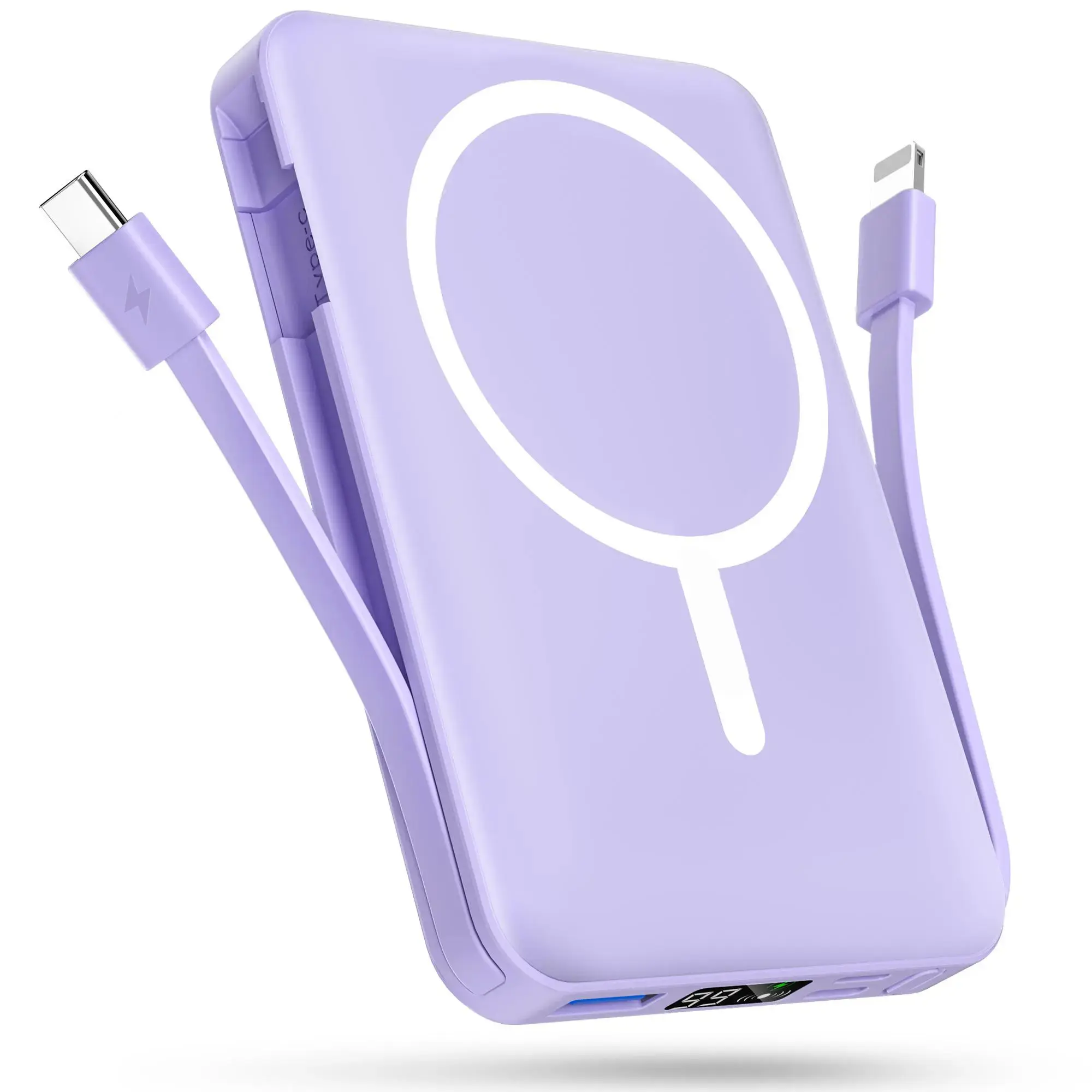 Podoru 10000mAh Magnetic Power Bank with Built-in DualCables, LED Display, 20W PD Fast Wireless Charger, SiliconeSmartphone USB Accessories for iPhone17/16/15/14/13/12Series Device summerwins