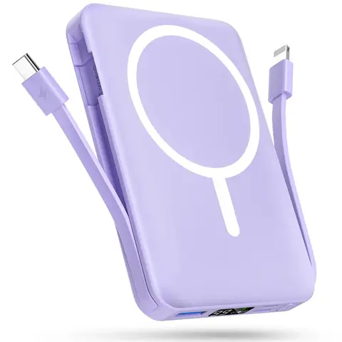 Podoru 10000mAh Magnetic Portable Charger - 20W PD Fast Charging, Built-in Dual USB-C Cables, LED Display, Silicone Cover, Magnetic Phone Charger for iPhone 17/16/15/14/13/12 Series, Back to School Essential,sohochic