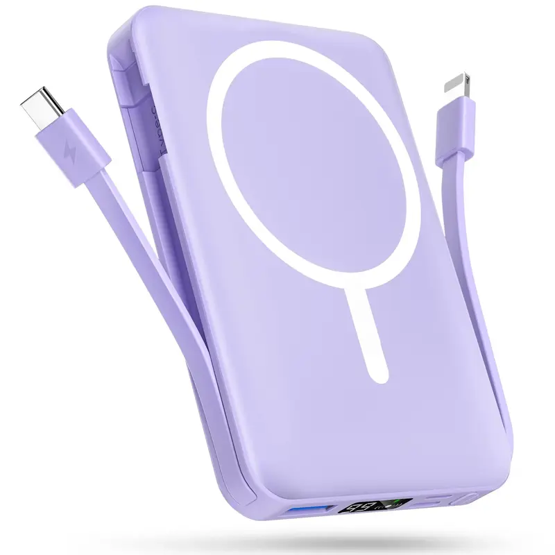 Podoru 10000mAh Magnetic Portable Charger - 20W PD Fast Charging, Built-in Dual USB-C Cables, LED Display, Silicone Cover, Magnetic Phone Charger for iPhone 17/16/15/14/13/12 Series, Back to School Essential,sohochic