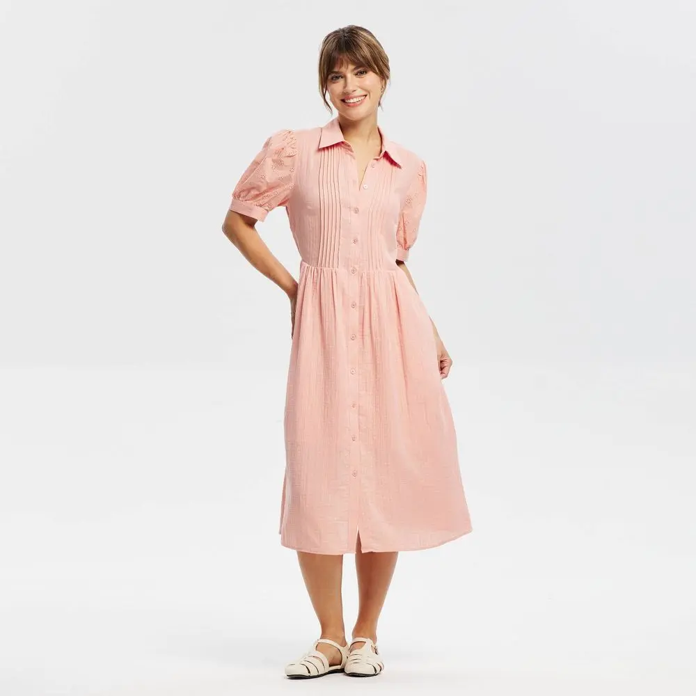 Women's Cute Cotton Breathable Puff Short-Sleeve Eyelet Midi Shirtdress with Buttons - Universal Women's Cute Cotton Breathable Puff Short-Sleeve Eyelet Midi Shirtdress with Buttons - Universal
