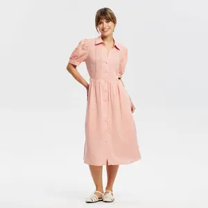 Women's Puff Short Sleeve Eyelet Midi Shirtdress - Universal Thread Pink S
