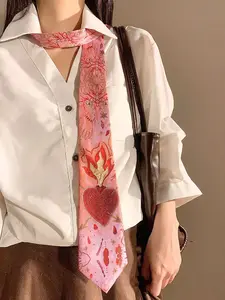Pink Vintage tie with Red Embroidered Hearts - Retro tie for Women, Elegant Silk-Feel tie, French Style Hair & Neck Accessory Gift, Trendy Y2K Neck Accessory