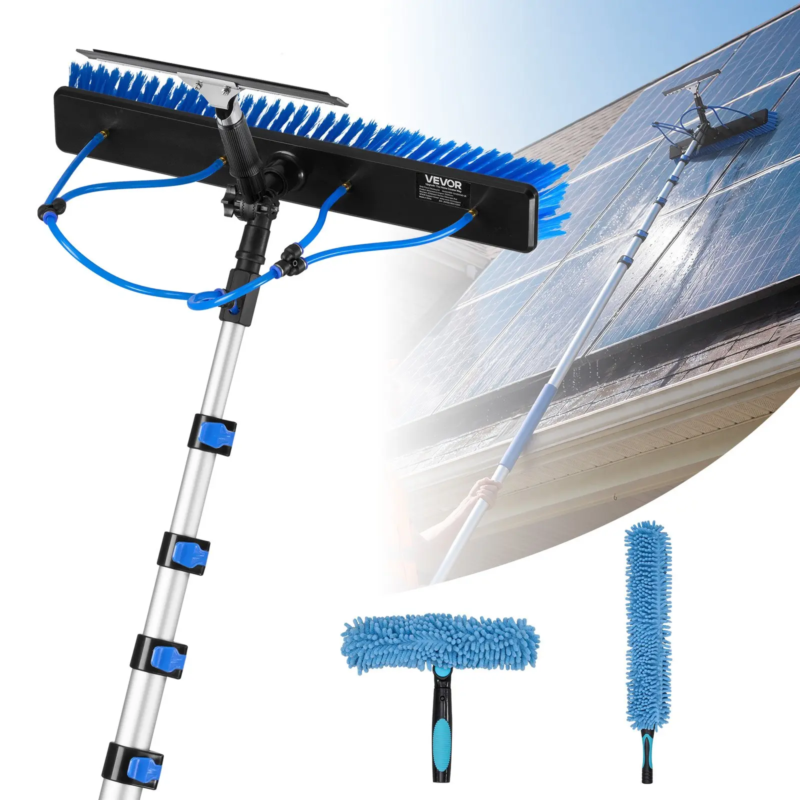 VEVOR Adjustable Solar Panel Cleaning Kit, 33 ft Extendable Aluminum Telescopic Pole Kit with 180-Rotatable Brush Head, Squeegee, Soap Dispenser, for Roof-Mounted Solar Panels, Glass, Windows, Sunrooms, Gardens, Ceilings, 65.6 Ft