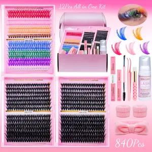 RITALASH 840Pcs Lash Clusters Kit Bulk Packs Fluffy False Eyelash Extensions D Curl Wispy Individual Fake Eyelashes, Volume Studio Effect, Colorfued Individual Lashes, Wholesale Large Pack with Glue&Seal|Tweezers|Removers|Cleanser, DIY Eyelash Extensions