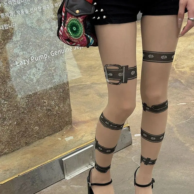 Sexy Black Leg Loop Long Stockings Punk Women Y2k Jacquard Gothic Waist Nightclub Party Sexy Cosplay Tights Lingerie Pantyhose