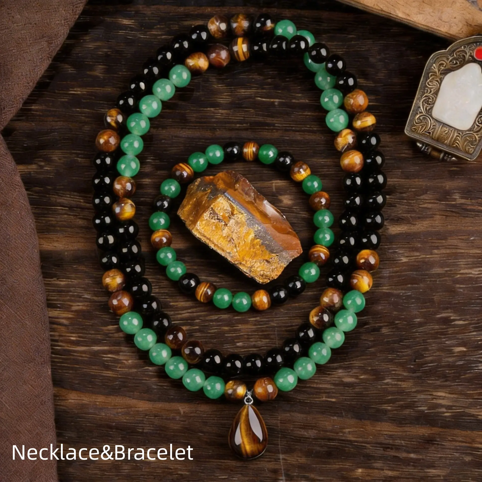 8MM Jade Beaded Necklace & Bracelet Set, Feng Shui Wealth Attraction Jewelry for Men, Spiritual Protection Birthday Gift for Friends, Feng Shui Luck Protection, Gemstone, Male, Money Attraction