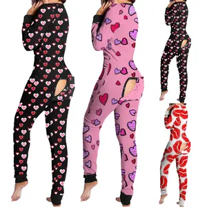 Sexy Women Pajamas Onesies Button-down Buttoned Flap Adults Pyjama Autumn Long Sleeve V-neck Jumpsuit Female Bodysuit Sleepwear
