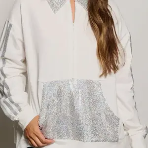 ZIP UP SEQUINS FRONT POCKETS PULLOVER SWEATER