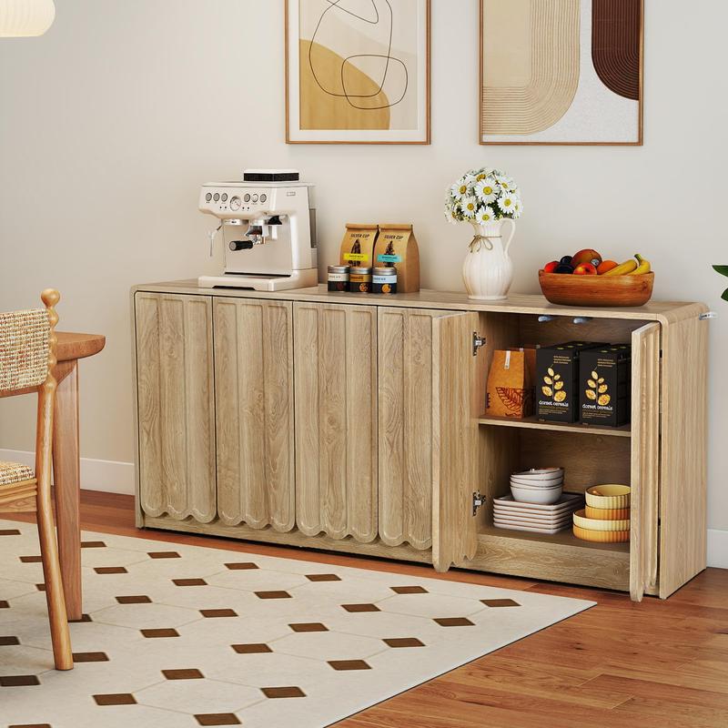 Giratree 63" Sideboard Buffet Cabinet with Storage, Low Storage Cabinet Modern Wooden Accent Credenza Console Table TV Stand with 6 Wave Panel Doors for Kitchen Dining Living Room Entryway