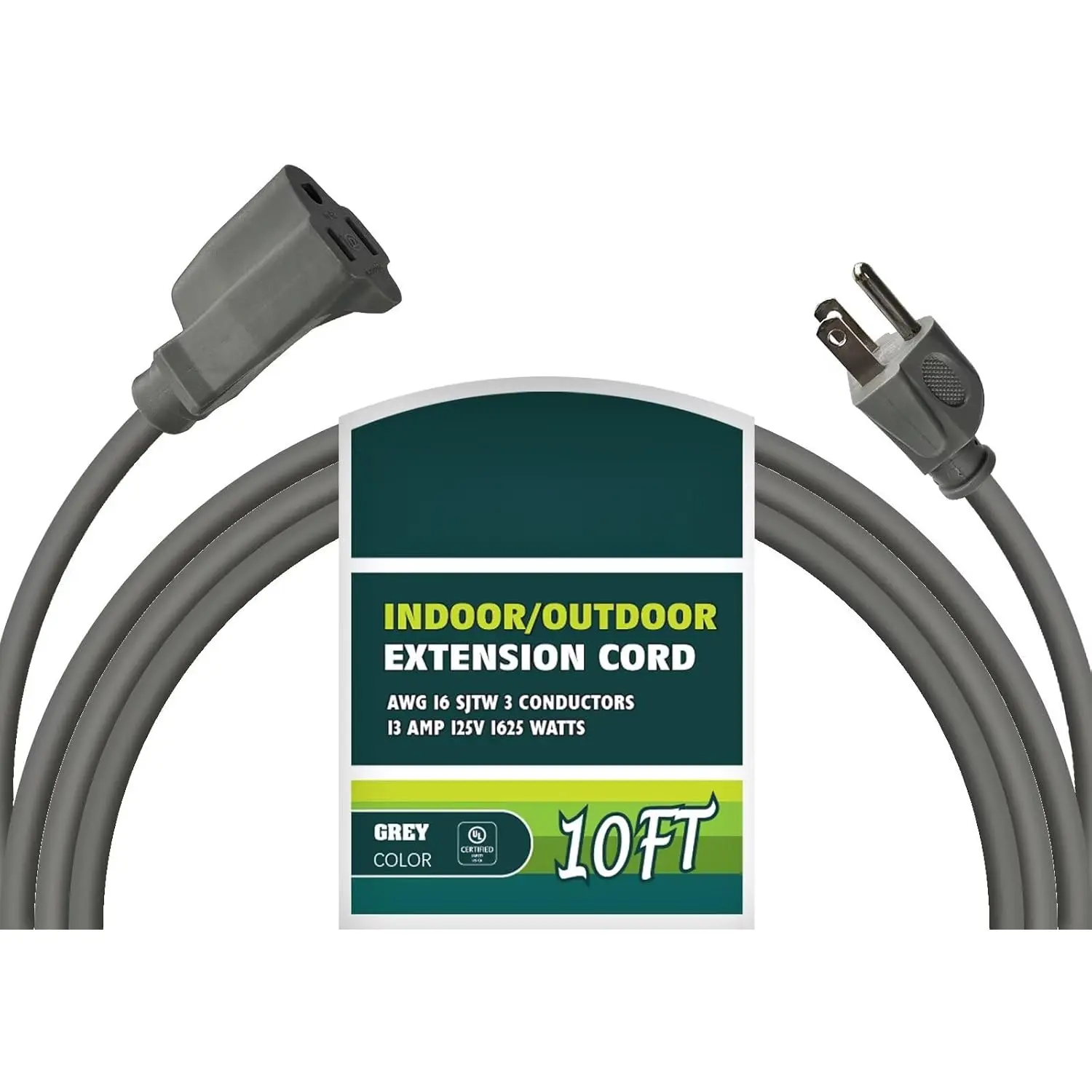 10 Ft Indoor Outdoor Grey Extension Cord, 16 Gauge  Electrical Power , 16/3 SJTW 3 Prong Grounded Plug, 13A 1625W, UL Listed