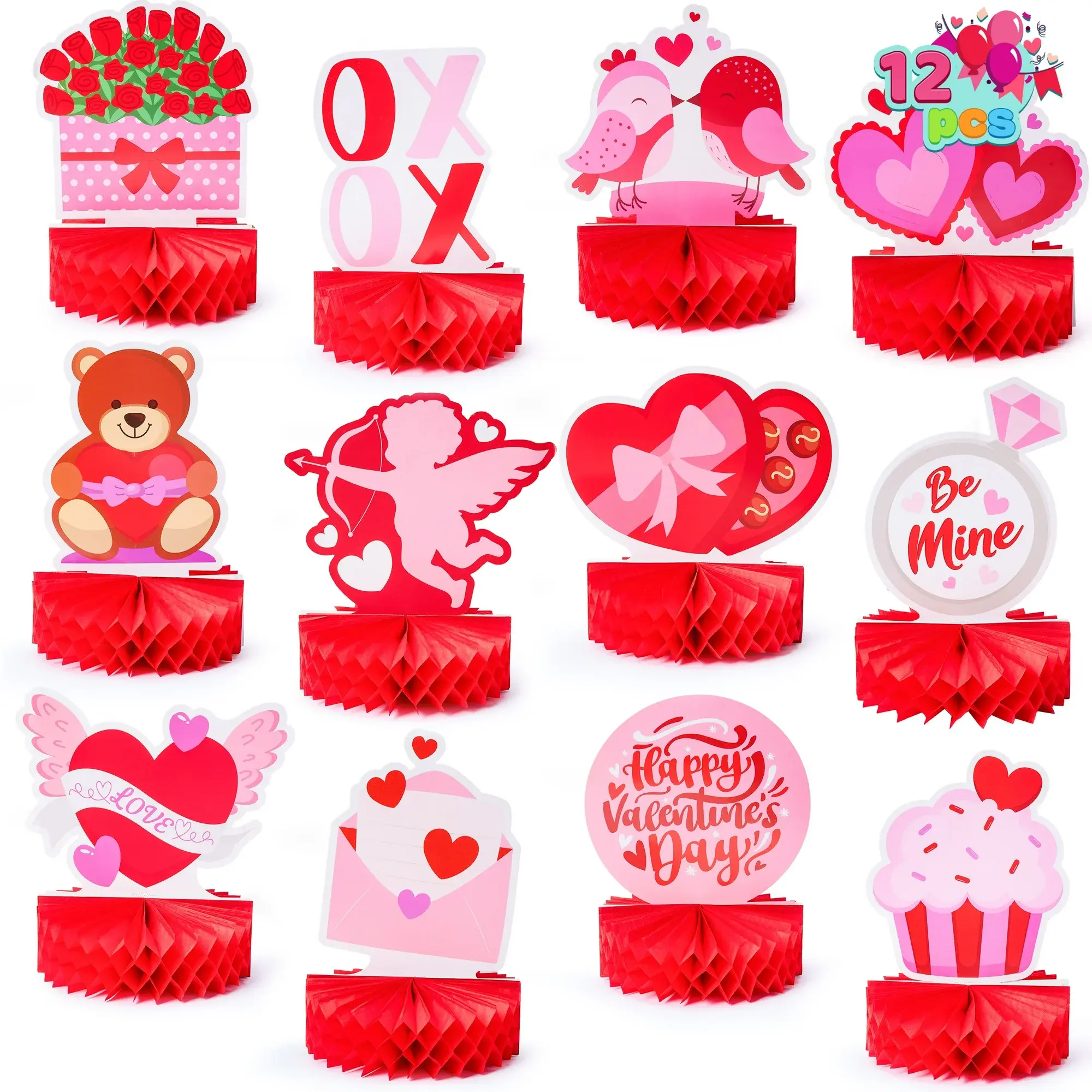 DecorX 12 Pcs Valentine Honeycomb Centerpieces for Table Decorations, with Red Pink Heart Bear Centerpieces Decor for Kids Birthday Valentine Day Party Supplies