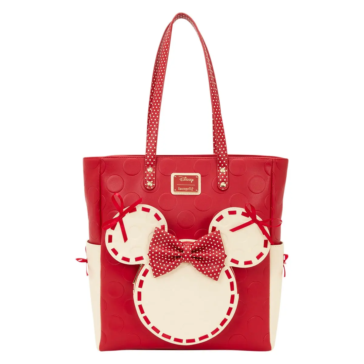 Loungefly Disney Minnie Mouse Rock the Dots Coquette Tote Bag, PU Leather with Embossed Polka Dots and Sturdy Shoulder Straps, Polka Dot, Polyurethane, Front Pocket