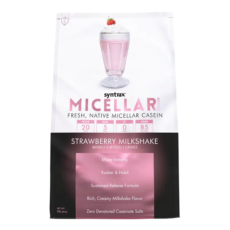 Syntrax Nutrition Micellar Crème Fresh Native Micellar Casein Strawberry Milkshake 2 lbs Pure Protein Powder Zero Fat 5g Sugar Per Serving US Made
