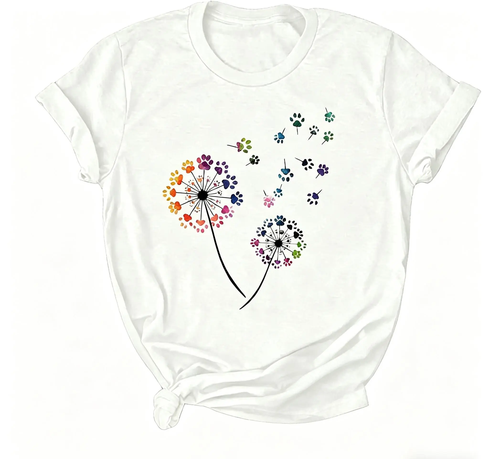 Anbech Women's Cotton T-Shirt, Short-Sleeve Summer Top with Colorful Dandelion & Wildflower Patterns, Tshirt