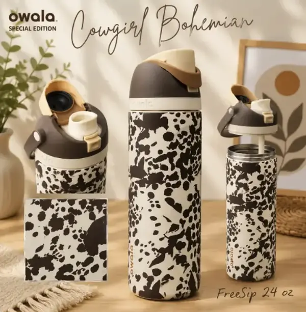 Owala Color Drop 24oz FreeSip Cowgirl Core Cow Print Tumbler - Compact Reusable Water Bottle, Stylish Portable Washable Vacuum Flask for Adults, Ideal Birthday Gift, Water Bottles