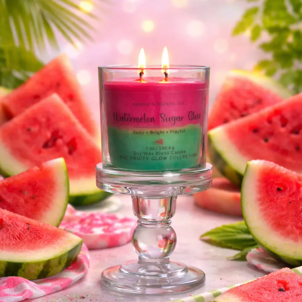 Watermelon Sugar Glow Scented Candle 7oz Glass Jar | Fruity Summer Hand Poured Soy Candle | Sweet Juicy Home Fragrance