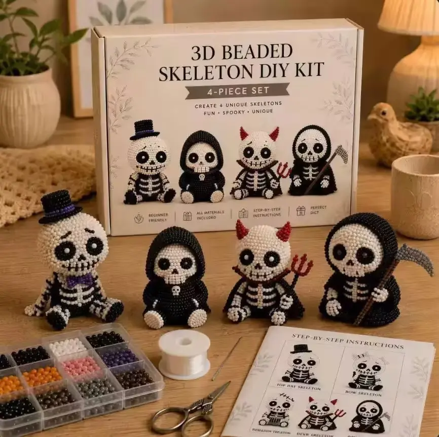 4-Pack 3D Beaded Skeleton DIY Craft Kits for Beginners - All-Inclusive Halloween Beading Supplies with Step Guide, Stress Relief Figurines for Table Decor & Handmade Gifts