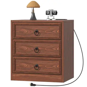 Farmhouse Nightstand with Charging Station, 21.7" Wide End Table with 3 Drawers, Cherry Wood Side Table, Bedside Table for Bedroom, Living Room, Sofa