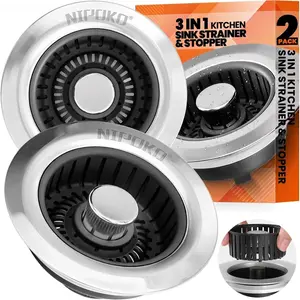 Kitchen Sink Drain Strainer & Sink Stopper Upgraded Stainless Steel Drain Plug Combo with Anti-Clog Basket Pop Up Drain Cover for Standard 3-1/2'' Garbage Disposal Parts