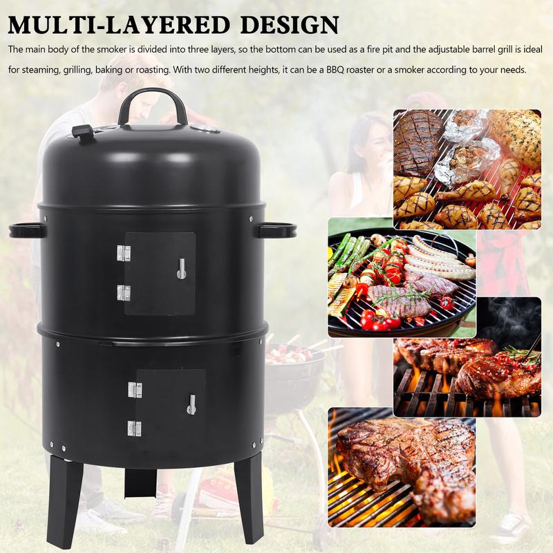 3-in-1 Portable BBQ Smoker Grill - Multi-Layered Detachable Cooker with Thermometer for Outdoor Grilling & Camping