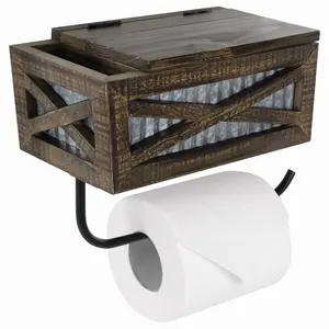 Autumn Alley Barn Door Toilet Paper Holder with Lidded Basket & Side Pocket - Rustic Wooden Bathroom Organizer Accessory