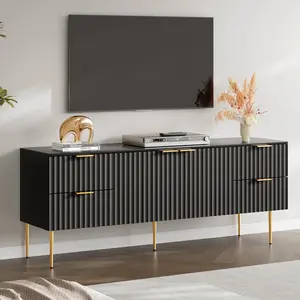SICOTAS Modern Fluted TV Stand for TVs up to 70" High Glossy Entertainment Center with 2 Storage Cabinets & 4 Drawers Tall Media Console Table for Living Room