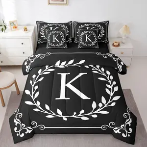 Monogram Letter K Bed in A Bag 7 Piece Black and White Comforter Set with Sheets Personalized Gifts for Adult Frends Boho Damask Floral Bedding Setvintage Rustic Bed Set